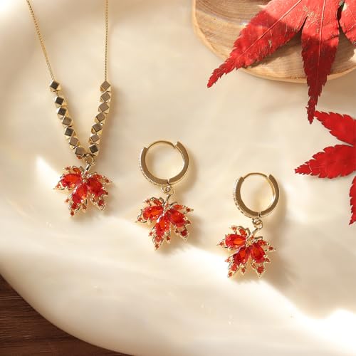 Gold Silver Stud Earrings Pendent Necklace Sets for Women, Dainty Rhinestone Crystal Necklace Earing Jewelry Set Wedding Accessories Fashion Holiday Gift - color: MapleLeaf