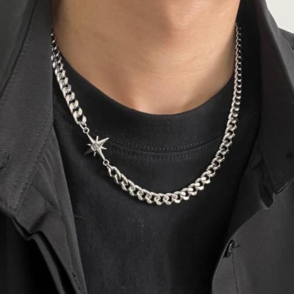 Gothic Cross Star Necklace For Men Women Silver Stainless Steel Cuban Link Paperclip Figaro Bead Chain Punk Kpop Y2k Goth Irregular Layered Cross Pendant Necklace Non Tarnish Jewelry Gift - color: Silver H