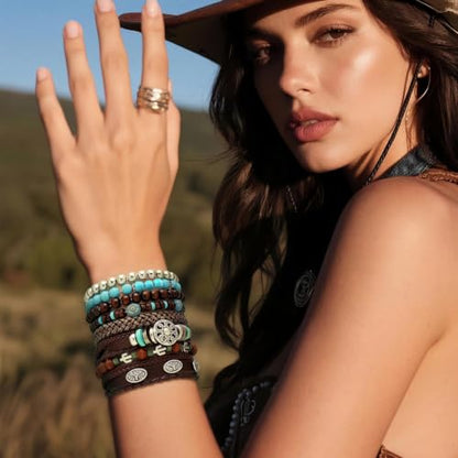 Stack Turquoise Western Bracelets for Women Boho Turquoise Beaded Concho Bangle Ox-Head Charm Cowboy Chic Bracelets Western Jewelry Cowgirl Accessory for Country Concert Outfits - color: Silver Flower Bullhead