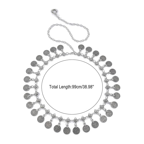 CHIC DIARY Metal Chain Belt for Women Coin Belly Link Tassel Belt for Dress | Boho Style Coin Pendant Tassel Belt Gold/Silver Adjustable Concho Belly Dance Belts for Dresses Skirts Jeans - color: Silver