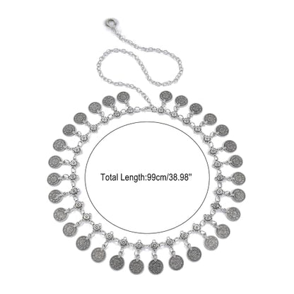 CHIC DIARY Metal Chain Belt for Women Coin Belly Link Tassel Belt for Dress | Boho Style Coin Pendant Tassel Belt Gold/Silver Adjustable Concho Belly Dance Belts for Dresses Skirts Jeans - color: Silver