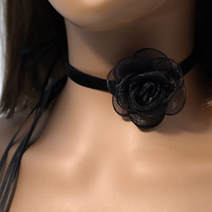 Black Choker Camellia Flower Lace-up Necklace For Women - color: BLACK