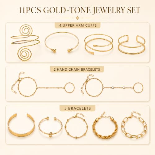 11PCS Gold-Tone Jewelry Set for Women, Includes 4 Upper Arm Cuffs, 2 Hand Chain Bracelets and 5 Bracelets for Women, Boho Disign for Beach, Vacation, Festival and Party Looks