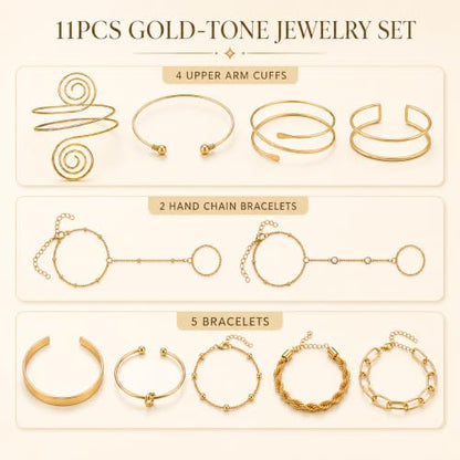 11PCS Gold-Tone Jewelry Set for Women, Includes 4 Upper Arm Cuffs, 2 Hand Chain Bracelets and 5 Bracelets for Women, Boho Disign for Beach, Vacation, Festival and Party Looks