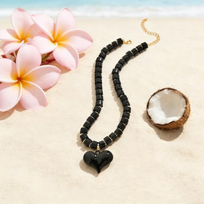 YUJIE Chunky Heart Pendant Necklace for Women- Exaggerated Statement Puff Heart Necklace with Acrylic Beaded Chain - color: black