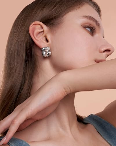 SNGIA 18K Gold Plated Chunky Statement Stud Earrings for Women by SNGIA, Geometric Square Triangle Irregular Knot Dome Earrings, Ribbed Ribbon Textured Gold Silver Fashion Jewelry Gift - style: Silver Plated, Square