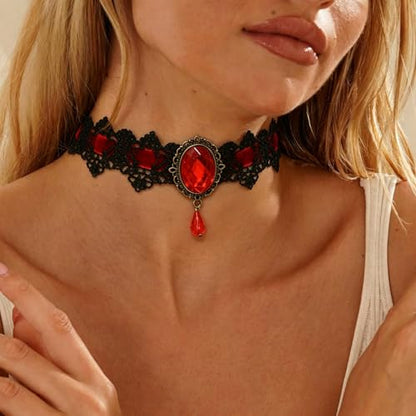 Black Necklaces for Women,Adjustable Layered Collar,Goth Jewelry - color: Red Gem