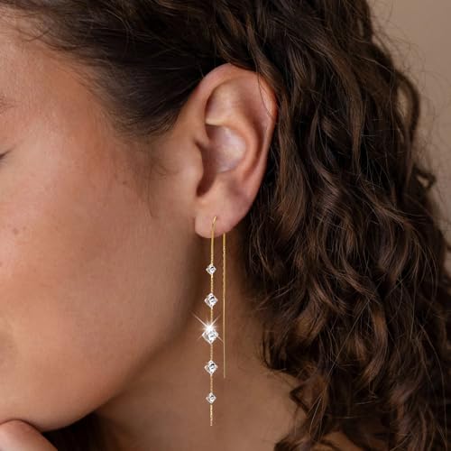 Gold Dangle Earrings for Women, 14K Threader Long Chain Drop Earrings Dangling Dainty Elegant Ear Chain with Tassel and Cubic Zirconia for Wedding Trendy Jewelry Gifts - color: CZ Tassel