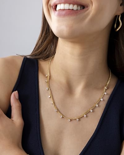 PAVOI 14K Gold Plated Station Necklace - Simulated Diamond Layering Necklaces - Womens CZ Chain - style: Floating