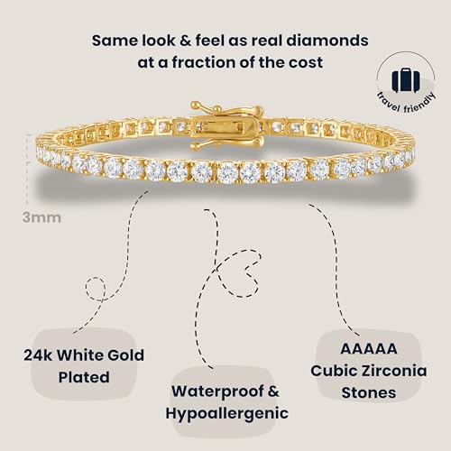KISPER Tennis Bracelets for Women Gold Plated Round Cut CZ | 5A cubic zirconia simulated diamonds, 3mm & 4mm, 6.5-7.5 inches, box clasp, tarnish resistant, waterproof - color: Yellow Gold