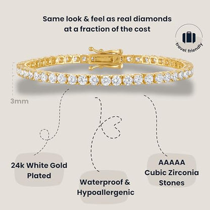 KISPER Tennis Bracelets for Women Gold Plated Round Cut CZ | 5A cubic zirconia simulated diamonds, 3mm & 4mm, 6.5-7.5 inches, box clasp, tarnish resistant, waterproof - color: Yellow Gold
