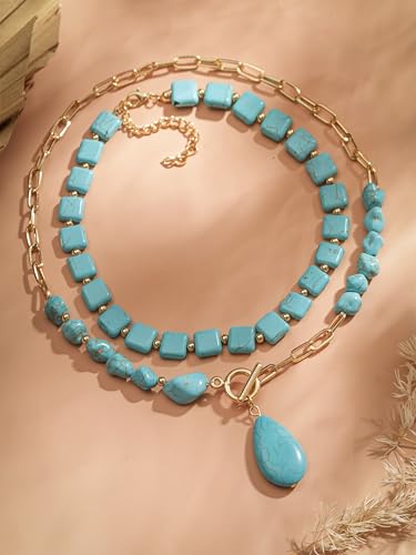 MINACHI Created Turquoise Long Necklace, Irregular Shape Beads, Bohemian Vintage Ethnic Style Jewelry for Women - style: Necklace NEC.006
