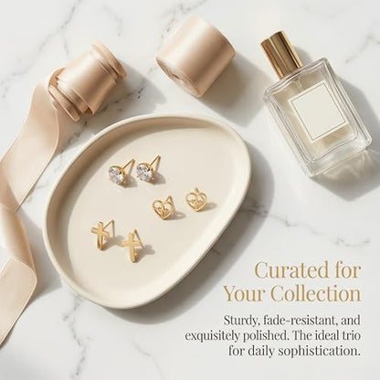 Gold Stud Earrings Set for Women, 18K Gold Plated Stainless Steel Hypoallergenic Earrings, Assorted Multipack with Faux Pearls, Crystals, and Geometric Shapes, Non-Tarnish Sensitive Ear Jewelry, Value Gift Set
