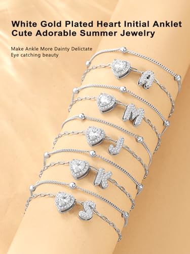 Bestyle Initial Anklet Bracelets for Women Waterproof Non Tarnish 14K Gold/White Gold Plated CZ Anklets for Women Dainty Layered Letter Heart Ankle Bracelets Adjustable Foot Chain Anklet - color: B