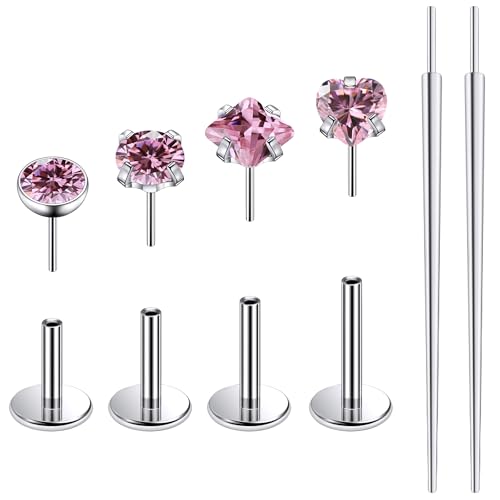 Ruifan Titanium Flat Back Lip Rings Threadless Push in Earrings Studs Nose Rings 20G 18G 16G Round Heart Square CZ Tragus Cartilage Lobe Rook Helix Conch Labret Medusa Piercing Jewelry for Women Men - color: Pink CZ, size: 18G-6/8/10mm
