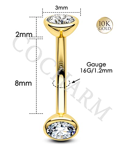 Solid Gold Rook Earrings Yellow Gold Eyebrow Rings 16g Real Gold Rook Piercing Jewelry 8mm 10K Curved Eyebrow Piercing 10Kt Gold Rook Barbell - style: 8mm
