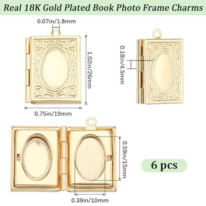 Beebeecraft 1 Box 6Pcs Book Photo Frame Charms 18K Gold Plated Religious Bible Floating Locket Necklace Pendants Charms for DIY Living Memory Necklace Making 26x19x4.5mm, Hole 1.8mm