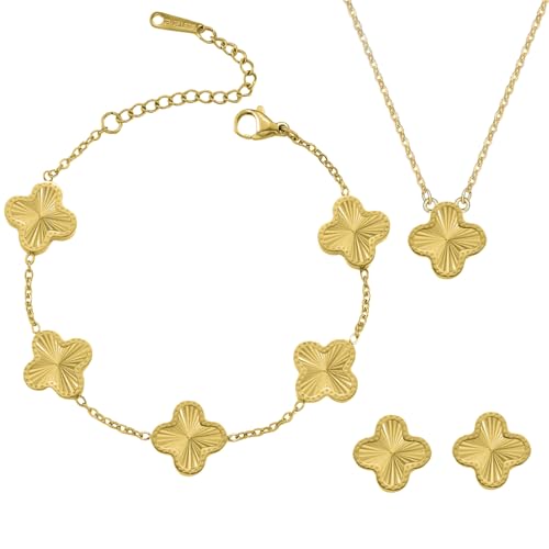 Clover Necklace Pendant Earring Bracelet Set | Designer Necklace Earring Bracelet Jewelry Set | Lovely Gift - color: Gold
