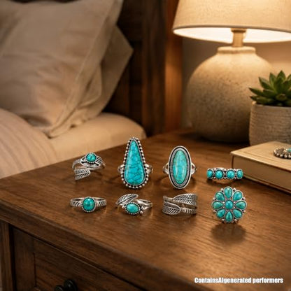 8 Pcs Bohemian Turquoise Ring for Women Western Open Vintage, Retro Ethnic Style Stackable Silver Boho Gemstone Knuckle Midi Chunky Dainty Statement Ring Set Jewelry Accessories