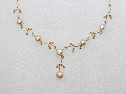 Faship Genuine Freshwater Pearls Floral Necklace Earrings Set | Premium CZ Crystal, Gorgeous, Sparkling - color: Topaz color brown