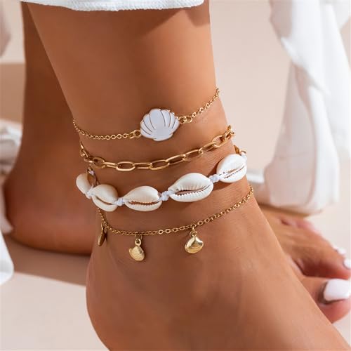 Shell Ankle Bracelet Set for Women,Boho Adjustable Beads Anklet Pack Natural White Shells Stack Stretch Seashell Pearl Starfish Bracelet Set Hawaiian Beach Vacation Foot Jewelry - style: A-Shell 4Pcs