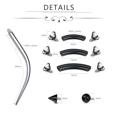 D.Bella 16G Eyebrow Piercing Jewelry Daith Rook Earrings Stianless Steel Internal Thread Curved Barbell Vertical Labret Lip Belly Ring Snug Tragus Piercing 8mm/10mm/12mm - color: black