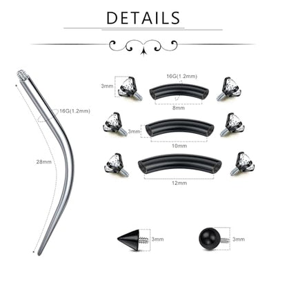 D.Bella 16G Eyebrow Piercing Jewelry Daith Rook Earrings Stianless Steel Internal Thread Curved Barbell Vertical Labret Lip Belly Ring Snug Tragus Piercing 8mm/10mm/12mm - color: black