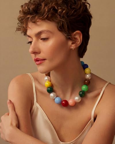 Chunky Beaded Choker Necklace for Women Boho Statement Necklace with Large Pearl Blue Brown Tone Resin Beads Summer Beach Jewelry Gifts - color: Rainbow Pastel Mix