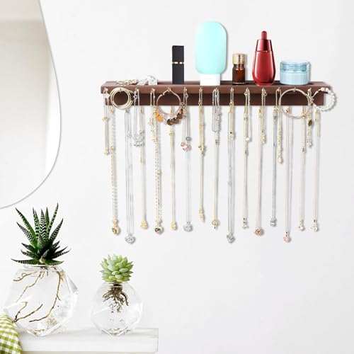 YYILIS Necklace Holder, Upgraded Extra Large Wall Necklace Organizer with 30 Hooks Wall Mounted Necklace Hanger with Jewelry Tray/Cosmetics Shelf Rustic Pine Wood Holder (Walnut) | 30 Hooks Wall Mounted Necklace Hanger with Jewelry Tray/Cosmetics Shelf Ru