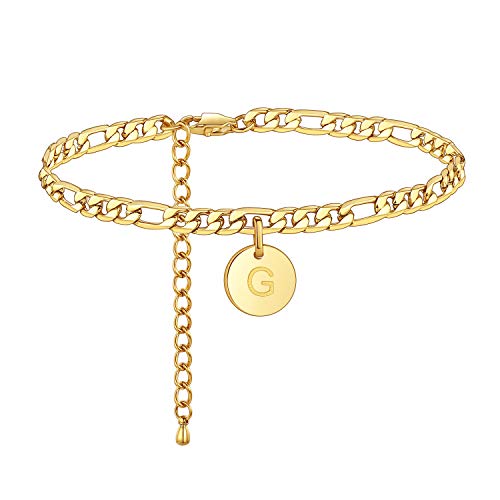 FOSIR 18k Gold Plated/Silver Tone Initial Anklets for Women, Surgical Stainless Steel Ankle Bracelets for Women Figaro Chain Anklet Beach Jewelry, Waterproof - style: G-gold