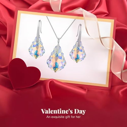 EleQueen 925 Sterling Silver CZ Baroque Drop Pendant Necklace Dangle Earrings Set Made with Austrian Crystal, Valentine's Day/Mother's Day/Christmas Jewelry Gift - color: Iridescent Aurora Borealis