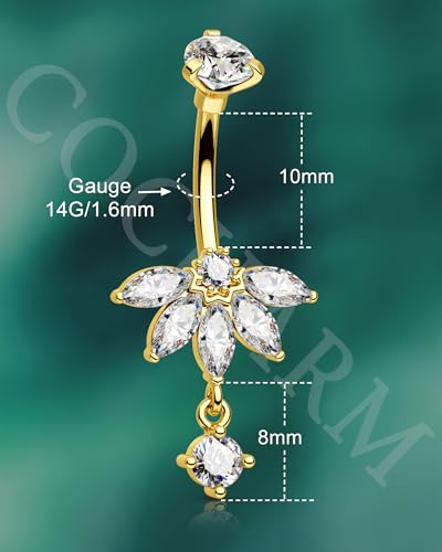 Lotus Belly Button Rings, 14G Dangle Belly Navel Rings for Women, Stainless Steel Belly Navel Piercing Jewelry - color: Gold-10MM