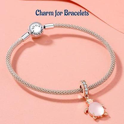 S925 Bead Pendant Charms for Bracelets Necklaces, Compatible with Pandora, Jewelry Making DIY - style: Glass Turtle Charm Rose Gold Plated and Pink