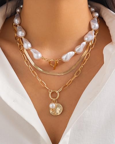 Gold Layered Necklaces for Women Chunky Layered Gold Necklaces Stacked Paperclip Chain Pearl Necklace Herringbone Toggle Clasp Choker Trendy Statement Jewelry Gifts - color: A7:chunky gold necklaces