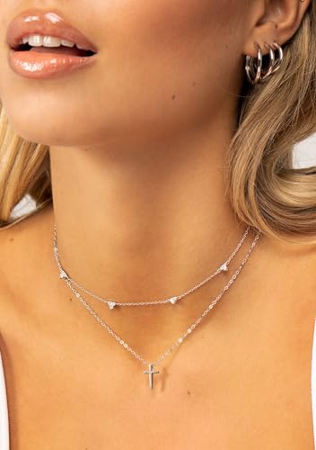 14K Gold Layered Cross Necklaces for Women,Tiny Small Sideways Cross Necklace Minimalist Christian Jewelry Gifts First Communion Confirmation Easter Stuff,2Pcs - color: Style B,Silver