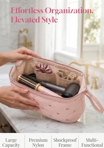 TeeYee Nylon Hair Tools Travel Bag for Dyson Airwrap Quilted Toiletry Bag | Travel Storage Bag for Shark Flexstyle/Curling Iron,Water-repellent,Wide-open,Well-structured,Heat-safe lining,001pinkbow - color: Pinkbow
