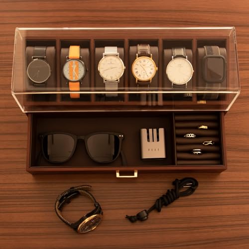 KAMIER High End Wooden Watch Box with 6 Slots & Glass Lid - 2-Layer Jewelry Organizer for Men - Watch Display Case, Ideal Business Gift for Watch Enthusiasts （with Gift Box）, Walnut
