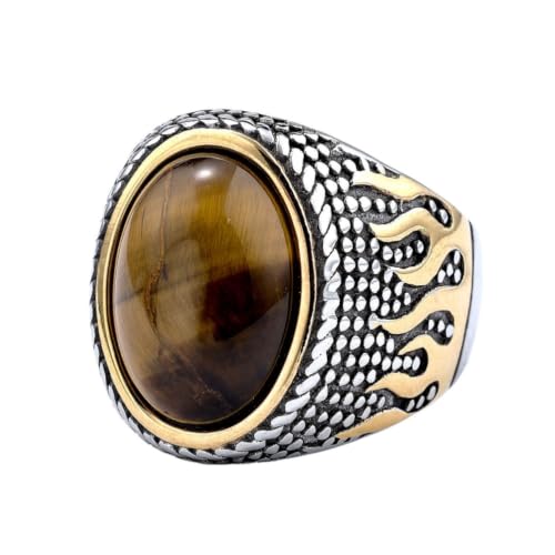 PAURO Men Retro Oval Gemstone Ring With Flame Patterned Side | Stainless Steel Vintage Stone Signet Biker Band Ring for Men,Flame Patterned Accent Band Ring,Durable Mens Jewelry - color: Brown
