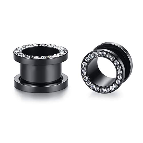 WBRWP 2pcs Hollow Gold Stainless Steel with Zircon Ear Plugs Tunnels - Ear Expander - Ear Gauges Stretcher Body Piercing Jewelry 8g-5/8 - color: Black with clear CZ