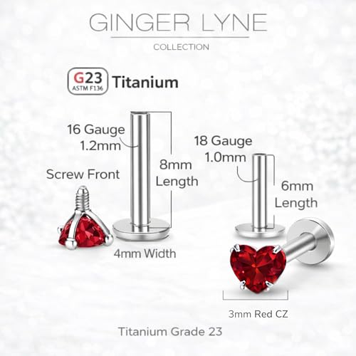 Titanium Heart CZ Labret Stud Earrings for Piercings by Ginger Lyne 6Pc Set G23 Screw Front Flat Back Body Jewelry 2 pair post 6mm, 8mm Cartilage, Helix, Tragus, Lip, Conch, Lobe - color: 3mm-Red