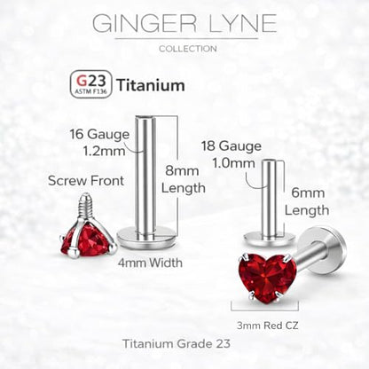 Titanium Heart CZ Labret Stud Earrings for Piercings by Ginger Lyne 6Pc Set G23 Screw Front Flat Back Body Jewelry 2 pair post 6mm, 8mm Cartilage, Helix, Tragus, Lip, Conch, Lobe - color: 3mm-Red