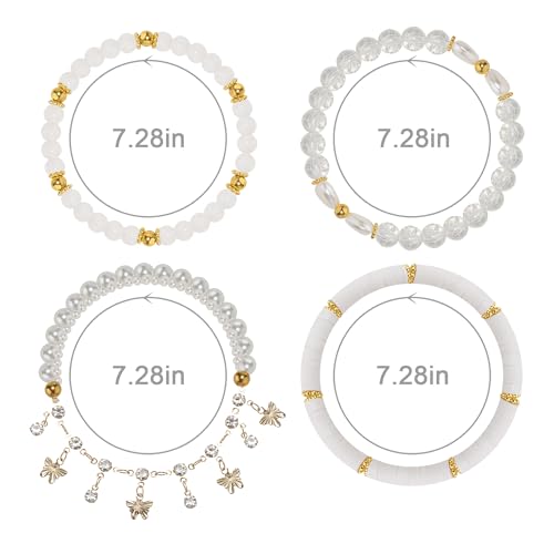 Besydec Stackable Boho Beaded Bracelets With Natural Stone & Pearl Heart & Clay Beads for Women,Adjustable Silver Jewelry - color: White