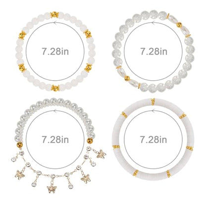 Besydec Stackable Boho Beaded Bracelets With Natural Stone & Pearl Heart & Clay Beads for Women,Adjustable Silver Jewelry - color: White