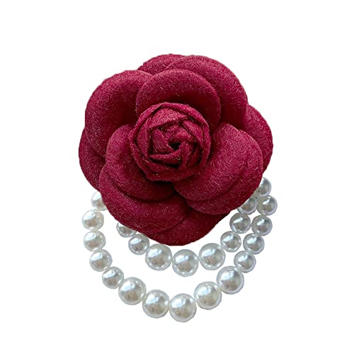 Wool Camellia Flower Pearl Tassel Brooches Pins Delicate Flowers Brooch Classic for Wedding Party Dance Banquet for Women Dainty Elegant Lapel Pins Dress Suit Accessories - color: Red