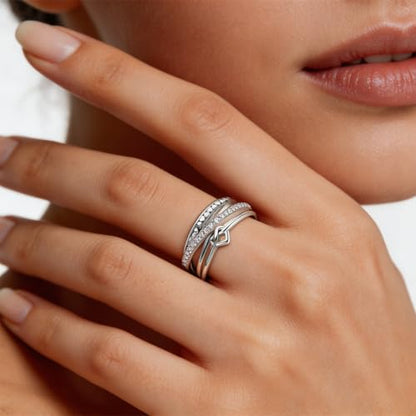 MULA S925 Sterling Silver Ring Multi-layered Interlaced Heart-shaped Band | Eternity Ring for Women with CZ Cubic Zirconia Wide Finger Rings Costume Jewelry