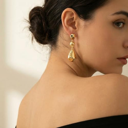 Gold Dangle Earrings for Women,Chunky 14K Gold Plated Drop Dangle Stud Earrings Long Statement Hammered Earring Hypoallergenic Jewelry for Women Gifts - style: Teardrop-GD
