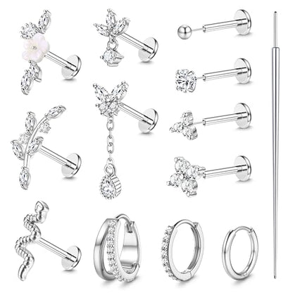 20G 18G Threadless Flat Back Earrings 316L Surgical Steel, 12PCS | Hypoallergenic Push in Stud Earrings, 14K Gold Plated Cartilage Earring Stacks, Helix Conch Tragus Nose Piercing Jewelry - color: Silver Tone, size: 18G-6MM Bar