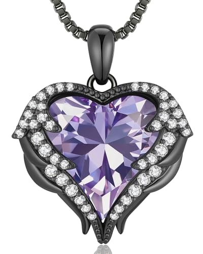 CDE Angel Wings Heart Birthstone Pendant Necklace Gift for Women | Silver/Gold Tone,Ideal Birthday & Anniversary Jewelry Gift for Wife,Girlfriend,Her - color: Black-06-Alexandrite Light Purple Birthstone