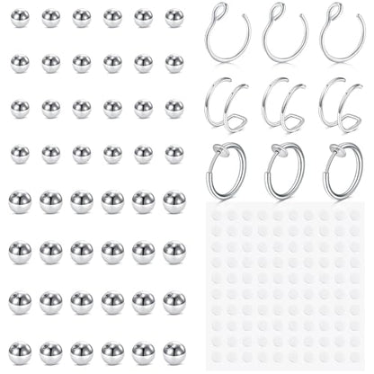 Fake Eyebrow Ring Fake Lip Labret Studs Replacement Balls Spike with 100pcs Sticker Non-Piercing Body Jewelry Fake Skin Piercing - color: B1 -Silver