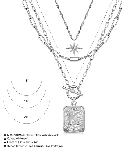 MJartoria Layered Initial Necklaces for Women | 14K Gold Plated Brass, Star Choker, Square Letter Pendant, Paperclip Chain - color: Silver, style: K